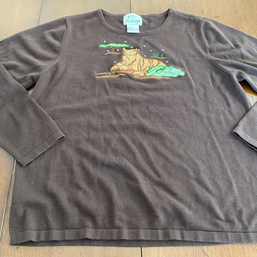 Quacker‎ Factory Tiger Shirt Womens Large Brown Embroidered Bling Long Sleeve